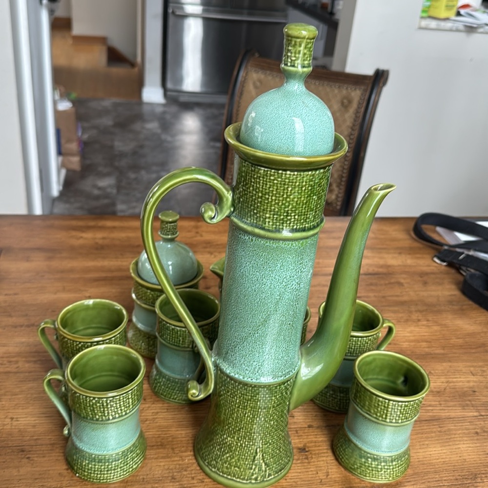Vintage MCM Green Ceramic Coffee Set | Carafe 16 1/2 tall by 8 1/2 wide - Picture 5 of 17
